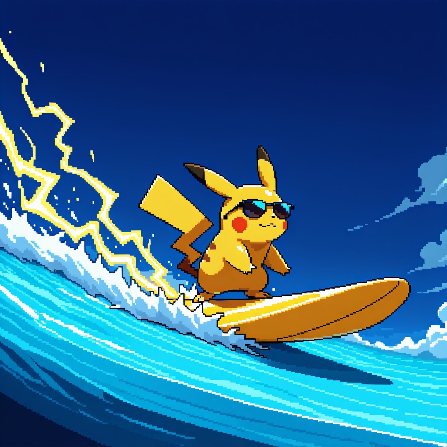 Pikachu surfing confidently on a yellow lightning-patterned surfboard wearing tiny sunglasses vibrant pixel art style bright midday lighting tail raised for balance 