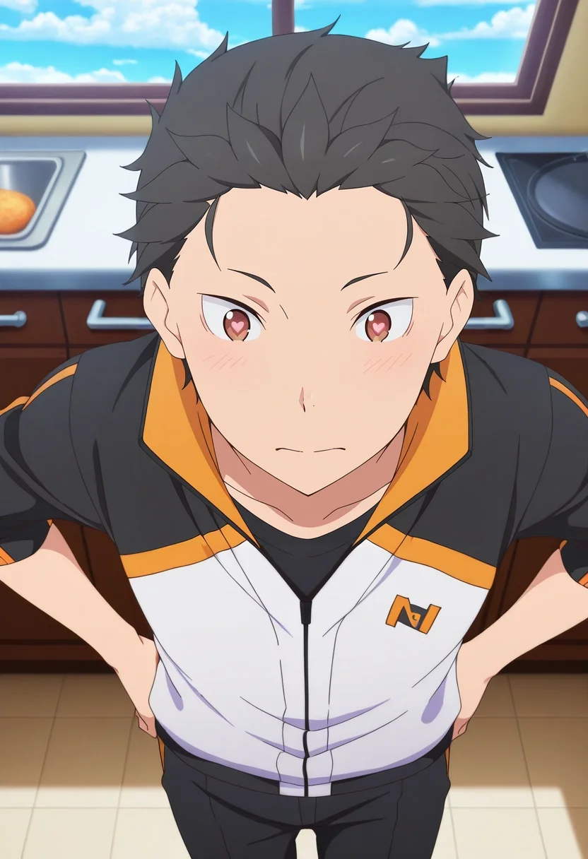 masterpiece, best quality, , anime screencap, anime coloring, official style, , 1boy, solo, male focus, <lora:subaru_natsuki_ilxl:0.9>, subaru_natsuki, black hair, brown eyes, short hair, natsuki subaru, hair slicked back, , from above, kitchen, cooking, day, clouds, hands on hips, heart eyes,
