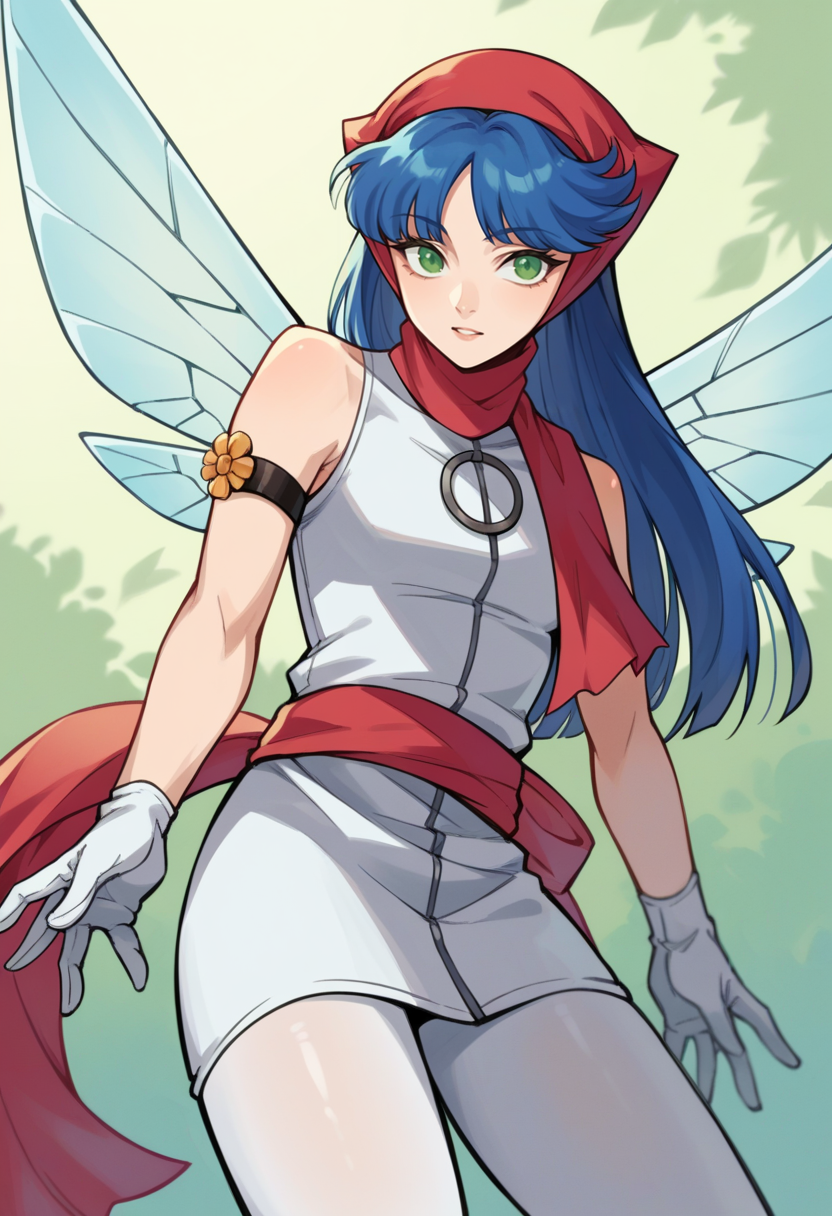 score_9, score_8_up, score_7_up, source_anime BREAK 1girl, solo,   <lora:zs_PixieDSXL:1> pixieds, green eyes, blue hair, long hair, bandana, scarf, white dress, white pantyhose, fairy wings, white gloves, armlet
