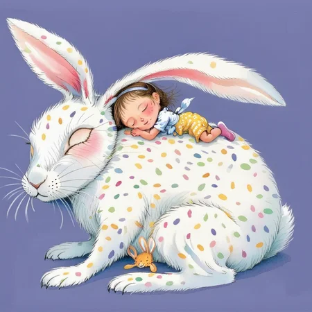A watercolor-style image of a giant rabbit curled up in a peaceful sleeping position. The rabbit should look fluffy and inviting, with its ears relaxed and eyes closed. On the rabbit's back, there should be a little girl lying down, also in a relaxed and peaceful state, perhaps even asleep. The girl could be holding a small stuffed animal or a book, adding to the sense of comfort and tranquility. The setting should be dreamy and serene, perhaps with soft, glowing lights or floating magical elements to enhance the whimsical atmosphere, <lora:jimi:0.8>