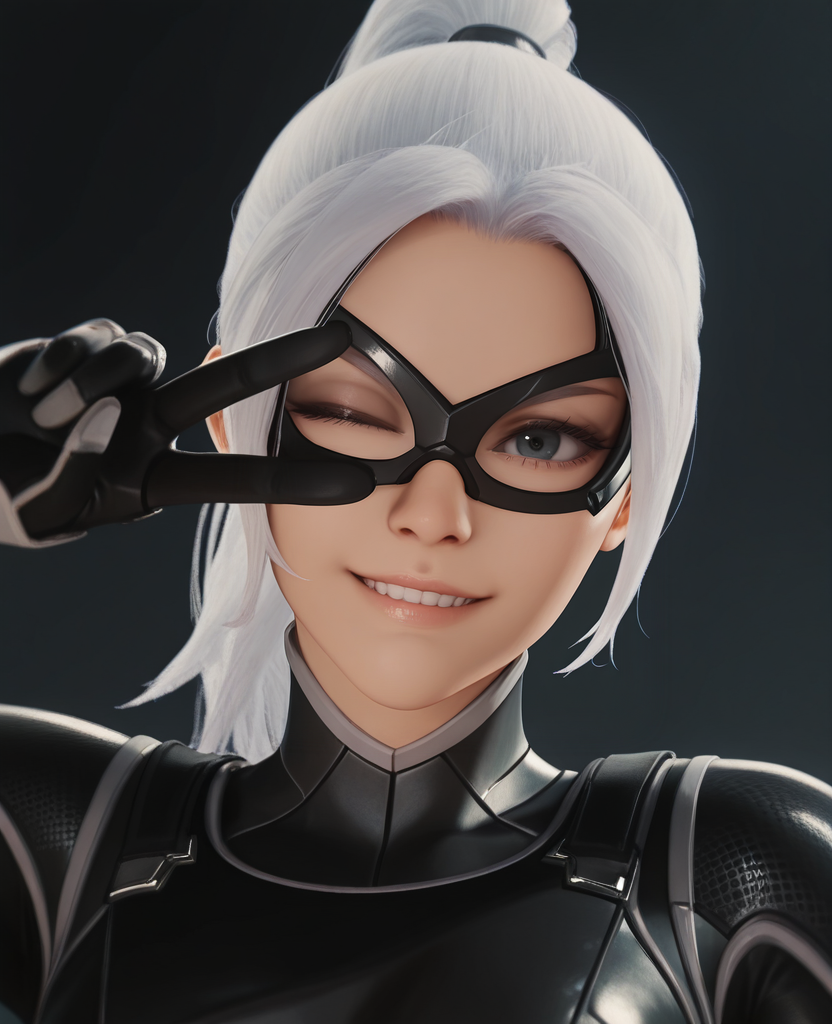 highres, absurdres, intricate detail, 3d,  <lora:Black_Cat_V2_ILLUS:1> , blackcat, 1girl, domino mask, white hair, ponytail, long hair, bodysuit, looking at viewer, portrait, v, peace sign over eye, one eye closed, light smile, head tilt, teeth,