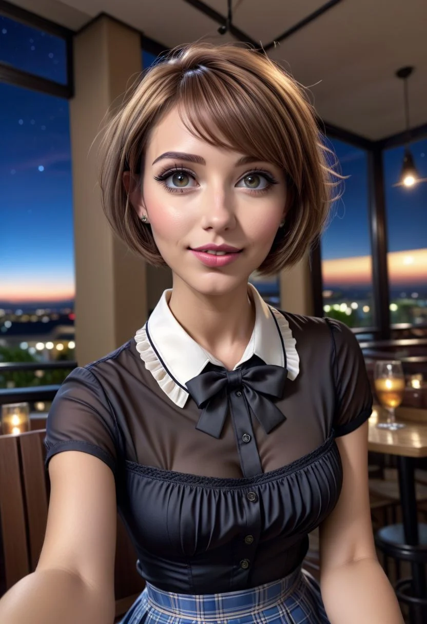 (8k, RAW photo, best quality, masterpiece:1.2), (realistic, photo-realistic:1.37), ultra-detailed,
1 girl, cute, solo,beautiful detailed sky,detailed cafe, night, sitting, dating,(smile:1.1),(closed mouth)
medium breasts, detailed face, detailed eyes, (collared shirt:1.1), bowtie, pleated skirt, (short hair:1.2),