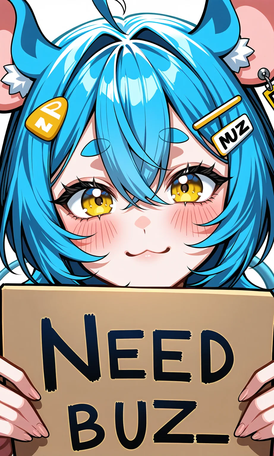 <lora:moonnchh:0.6>,moonccihhv1,mouse tail,mouse ears,1girl,solo,animal ears,blue hair,mouse ears,long hair,white background,ahoge,looking at viewer,smile,hair ornament,hair between eyes,hairclip,virtual youtuber,blush,mouse girl,bangs,portrait,simple background,short eyebrows,:3,piercing,thick eyebrows,yellow eyes,ear piercing,((holding a cardboard sign that says "NEED BUZZ")),