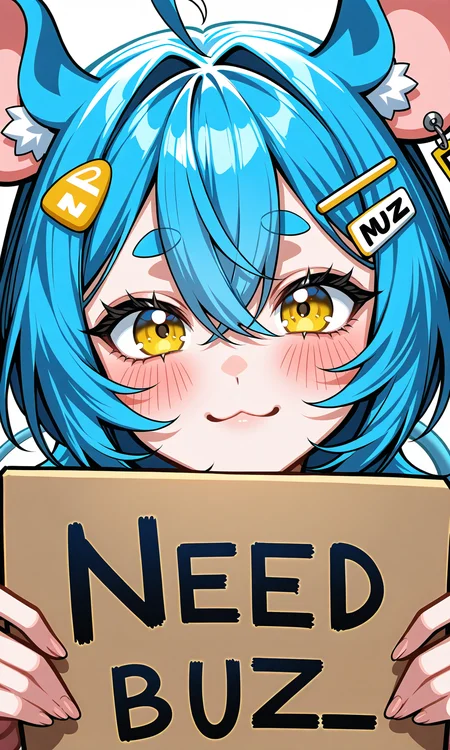 <lora:moonnchh:0.6>,moonccihhv1,mouse tail,mouse ears,1girl,solo,animal ears,blue hair,mouse ears,long hair,white background,ahoge,looking at viewer,smile,hair ornament,hair between eyes,hairclip,virtual youtuber,blush,mouse girl,bangs,portrait,simple background,short eyebrows,:3,piercing,thick eyebrows,yellow eyes,ear piercing,((holding a cardboard sign that says "NEED BUZZ")),