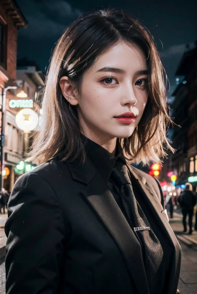 (cowboy shot:1.1), (masterpiece, best quality, high quality, highres, ultra-detailed), lamppost, night, crowd,
1girl, long hair, platinum blonde hair, green eyes, looking at viewer, light smile, allblacksuit,
AS-Adult, Asian-Less, SkinHairDetail, <lora:attire_allblacksuit:1>,
