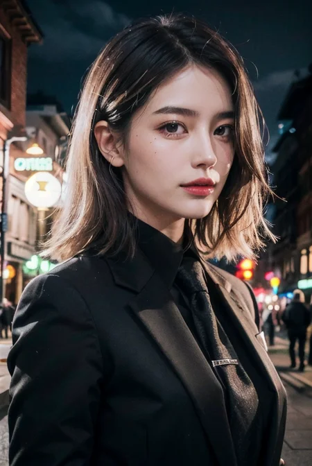 (cowboy shot:1.1), (masterpiece, best quality, high quality, highres, ultra-detailed), lamppost, night, crowd,
1girl, long hair, platinum blonde hair, green eyes, looking at viewer, light smile, allblacksuit,
AS-Adult, Asian-Less, SkinHairDetail, <lora:attire_allblacksuit:1>,