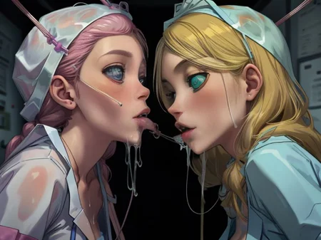 2girls,  infected Doctor,  targeted (bimbo) patient, Parasited, clear slime, slime dripping from mouth, cloudy eyes, (slime string from face to face),  
 <lora:Parasited:0.75>