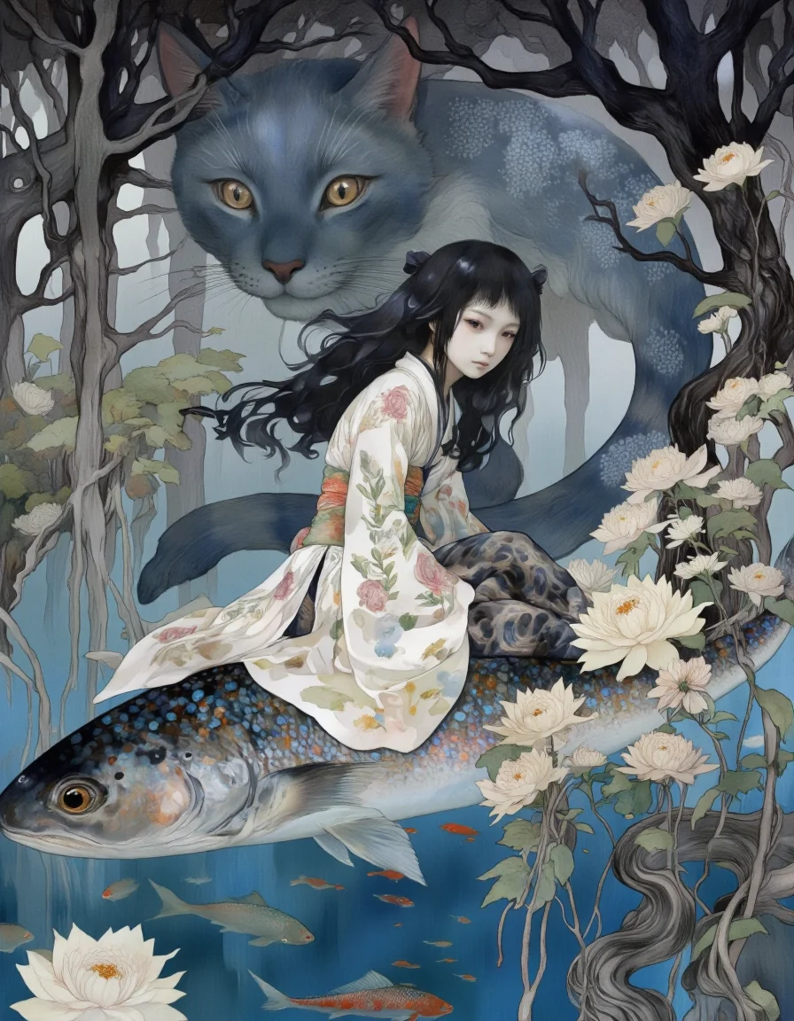 Art by Vvika. A digital illustration shoot from the side about a serene scene featuring a girl and a large cat surrounded by flowers and fish. the image also shows a girl sitting on a fish, with a serious expression on her face. on the middle of the image, a woman with long, dark hair appears to be in her early twenties, wearing a white dress with floral patterns. she is sitting on the fish's back, with her upper body facing the viewer. her eyes are looking directly at the viewer, and she has a closed mouth expression. her hair is styled in a long, flowing manner, and her hair color is black. her eye color is not specified, but her eye direction is looking to the side. her body is slim and she is wearing a traditional japanese outfit. the background features a blue-gray cat with large, expressive eyes, surrounded by a dense forest with trees and flowers, and small fish swimming around. the lighting is soft and diffused, creating a dreamy atmosphere.