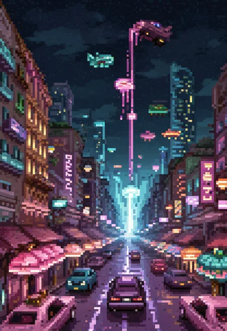 pixel art, digital art, A futuristic cityscape constructed entirely from macarons of varying flavors and colors, illuminated by glowing jellybean streetlights. Flying cars shaped like éclairs zip through the air. Rendered in cyberpunk style with hyper-detailed textures, the image humorously juxtaposes technological advancement with culinary decadence.