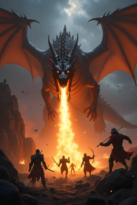 A dynamic and intense photograph capturing the climactic battle between an adventuring party and a massive fire-breathing dragon. The dragon dominates the scene with its enormous wings spread wide, its scales glistening in the fierce light of fire. Dragon's jaws are open, spewing a stream of fiery breath, illuminating the darkening sky with a fiery glow. Below, the adventurers are caught in mid-action: a valiant knight with a glowing sword raised to strike, a nimble rogue darting through the shadows, a powerful mage casting a protective barrier of swirling energy, and an archer taking a precise shot at the dragon's vulnerable underbelly. The background is a rugged, mountainous landscape, with the sky darkened by storm clouds and ash, adding to the epic atmosphere. The lighting emphasizes the contrast between the dragon's fiery attack and the adventurers' determination, creating a scene full of movement, tension, and dramatic intensity. Hyper-realistic, 16k resolution, vivid details, epic fantasy, cinematic and breathtaking, masterpiece.