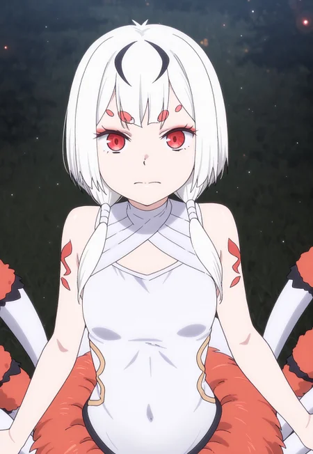 masterpiece, best quality, good quality, very awa, very aesthetic, absurdres, newest, beutiful face, beutiful eyes, perfect face,
Cinematic Lighting,
1girl, Spider girl, Arachne, red eyes, white hair, strands of black hair, monster girl, twintails, Upper body