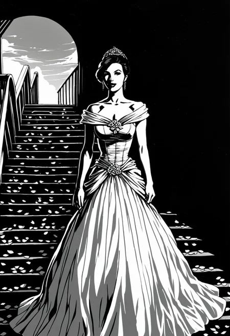High-detail black and white pencil drawing. A beautiful girl in a magnificent dress made of red flowers descends a staircase. A long train of petals flows behind her. In the background, a seascape at sunset with a ship bearing scarlet sails. Contrasting play of light and shadow emphasizes textures and forms. Wind-blown petals create a dynamic atmosphere. The staircase leads to the sea, symbolizing a transition between worlds. Expressive black and white tones with accents of vivid red on the dress and sails. Style combines realism and romantic fantasy