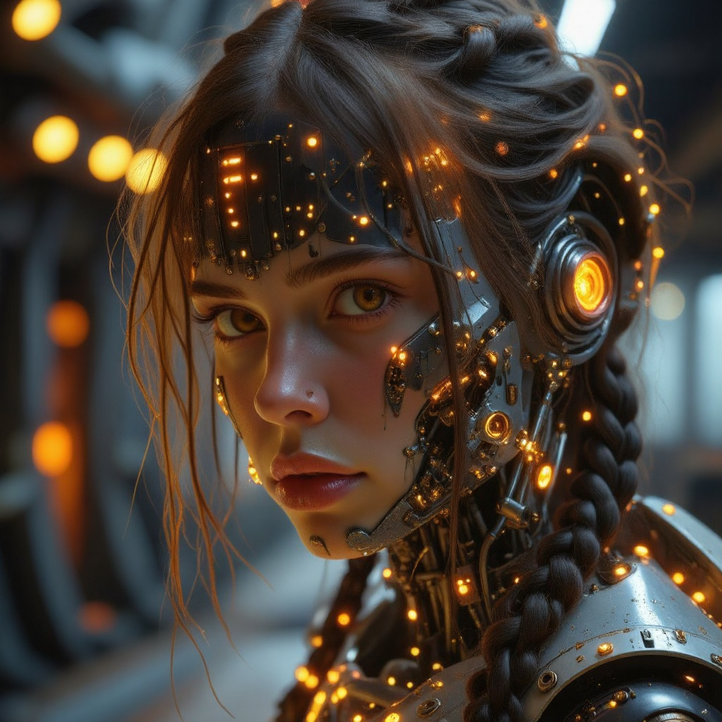 style of Alena Aenami, style of H. R. Giger, Delirium style, realism. Cybernetic woman with a strong, mechanical appearance. Her face is adorned with intricate metal and cybernetic components, including glowing orange lights and mechanical bolts. Her hair is long and braided, with strands of metal and wires visible. The background should be a dark, industrial setting with blurred lights and structures, giving a sense of a futuristic, sci-fi environment. The overall style should be dark and dramatic, with a focus on the intricate details of the cybernetic components. The subject's head is rendered in a mesmerizing, glowing, translucent material that seems to be a blend of organic and mechanical elements. The face and neck are encased in a glass like material the does not reflect light, filled with intricate, swirling patterns of orange, red, and yellow hues, suggesting a mix of biological and technological components.   <lora:flux/Realism 2>, <lora:artist/style of H. R. Giger FLUX 295-000006.safetensors:1.0>,  <lora:artist/style of Alena Aenami FLUX 326 r1.safetensors:1.0>,  <lora:Bonafida.Studio.safetensors:0.7>,