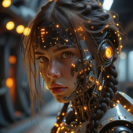 style of Alena Aenami, style of H. R. Giger, Delirium style, realism. Cybernetic woman with a strong, mechanical appearance. Her face is adorned with intricate metal and cybernetic components, including glowing orange lights and mechanical bolts. Her hair is long and braided, with strands of metal and wires visible. The background should be a dark, industrial setting with blurred lights and structures, giving a sense of a futuristic, sci-fi environment. The overall style should be dark and dramatic, with a focus on the intricate details of the cybernetic components. The subject's head is rendered in a mesmerizing, glowing, translucent material that seems to be a blend of organic and mechanical elements. The face and neck are encased in a glass like material the does not reflect light, filled with intricate, swirling patterns of orange, red, and yellow hues, suggesting a mix of biological and technological components. <lora:flux/Realism 2>, <lora:artist/style of H. R. Giger FLUX 295-000006.safetensors:1.0>, <lora:artist/style of Alena Aenami FLUX 326 r1.safetensors:1.0>, <lora:Bonafida.Studio.safetensors:0.7>,