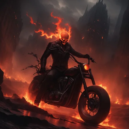 Dark Fantasy Art, Dark Moody Atmosphere, dramatic, mysterious, dark moody atmosphere, dark, moody, dark fantasy style, realistic anime,
BREAK,
Ghost Rider rockets up the skyscraper, his flaming motorcycle scorching a fiery path over glass and steel,
BREAK,
His skull, engulfed in hellfire, casts a sinister, flickering glow, with empty eye sockets seething with vengeful fire,
BREAK,
Flames curl around his skeletal form, his leather jacket and pants seared and frayed, smoldering as he rides,
BREAK,
sitting on his bike, (((cracked roadway))), cracked road, skull, from side, low angle shot, close up shot, detailed afce, detailed skull, front view, wide angle, burning wheels and bike, chopper motorcycle, chopper, burning engine, leaking lava from cracked road, red sunset,
detailed bike,