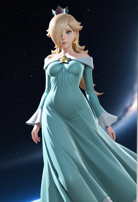 masterpiece, best quality, amazing quality, highres, absurdres, intricate detail, 3dreal, 3d, realistic, 1girl, solo, rosalina, blonde, hair over one eye, blue dress, long dress, arm at side, outside, space, sky, stars, bloom, floating
