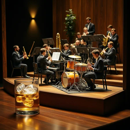 A miniature diorama of a big band playing on a stage next to a glass of whiskey with ice. 17 members in matching suits sit on the stepped stage. 4 trumpets, 4 trombones, 5 saxophones, piano, bass, drums, guitar. A supreme artistic moment where everyone is immersed in the joy of sound. A magical night, a conductor, <lora:Flux.1_Turbo_Detailer:0.7>, <lora:Diorama_Flux:0.9>