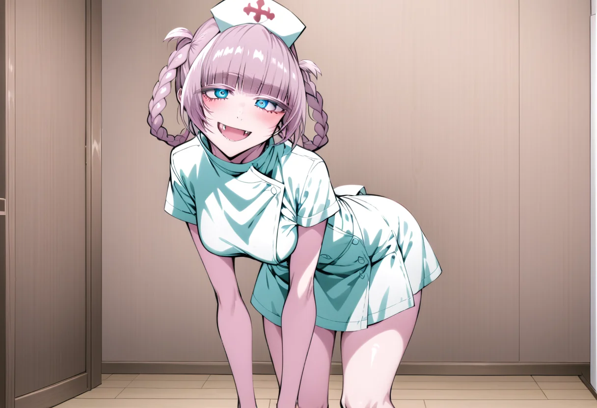 nanakusa_nazuna_xl, nanakusa nazuna \(yofukashi no uta\), anime image of a nurse in a short dress bending over, 1girl, hat, hair rings, solo, dress, nurse cap, blue eyes, leaning forward, looking at viewer, open mouth, smile, nurse, braid, fang, breasts, blunt bangs, bangs,
best quality, (masterpiece:1.2), highly detailed, from side, hand on own hip,
<lora:nanakua_nazuna_xl:1.5>