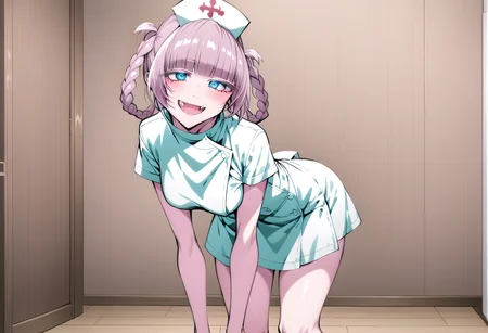 nanakusa_nazuna_xl, nanakusa nazuna \(yofukashi no uta\), anime image of a nurse in a short dress bending over, 1girl, hat, hair rings, solo, dress, nurse cap, blue eyes, leaning forward, looking at viewer, open mouth, smile, nurse, braid, fang, breasts, blunt bangs, bangs,
best quality, (masterpiece:1.2), highly detailed, from side, hand on own hip,
<lora:nanakua_nazuna_xl:1.5>