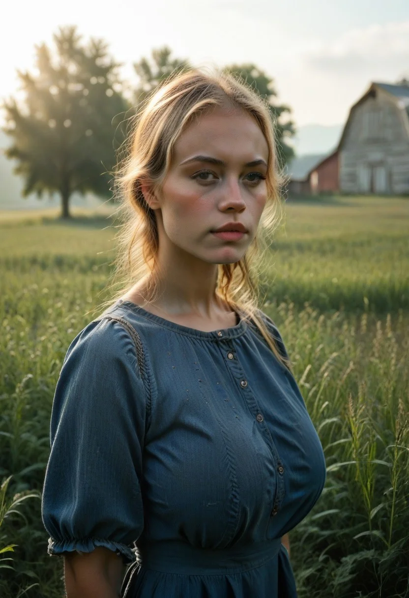 masterpiece, best quality, amazing quality, very aesthetic, absurdres, Guinwen, Guin, sarafan, blue dress, wheat field, trees, bushes, barn, day, cloud, blonde hair, massive breasts, slim body, highly detailed, mist, close up, portrait, eyelashes, black eyeliner
