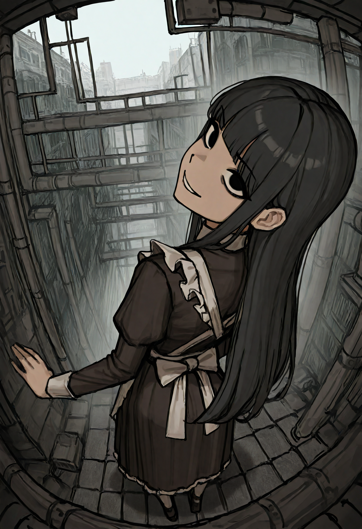 1girl, solo, black hair, long hair, blunt bangs, black eyes, maid, dress, maid apron, crazy, looking back, looking at viewer, outdoors, detailed background, fisheye, perspective, from above, very awa, masterpiece, best quality, year 2024, newest, highres, absurdres