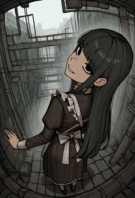 1girl, solo, black hair, long hair, blunt bangs, black eyes, maid, dress, maid apron, crazy, looking back, looking at viewer, outdoors, detailed background, fisheye, perspective, from above, very awa, masterpiece, best quality, year 2024, newest, highres, absurdres