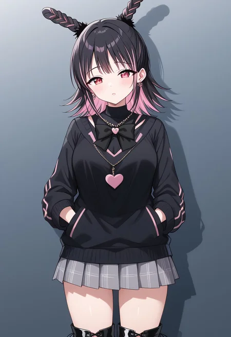 Score_9, Score_8, Score_7,Source_anime,
BREAK
1girl: <lora:usami shiima100-v:2>,usami shiima,medium hair,Tall, slender, black hair, pink hair,multicolored hair,Pink highlights,red eyes,(Shiima braids:1.4),fluffy black scrunchies, medium breasts
BREAK
half body,Black sweater, large pink stitching on each sleeve, two lower pockets adorned with stuffed bunnies,
Pink shirt, black bow,Bunny-shaped earrings, gray skirt, black boots, fluffy boots.