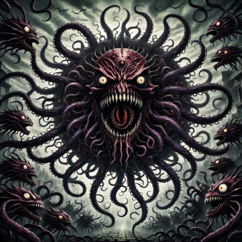 a grotesque eldritch entity comprised of a multitude of eyes and mouths and tentacles, 2d,anime style,scene from hellsing,<lora:FleshMonstrosityXLV2:0.6>