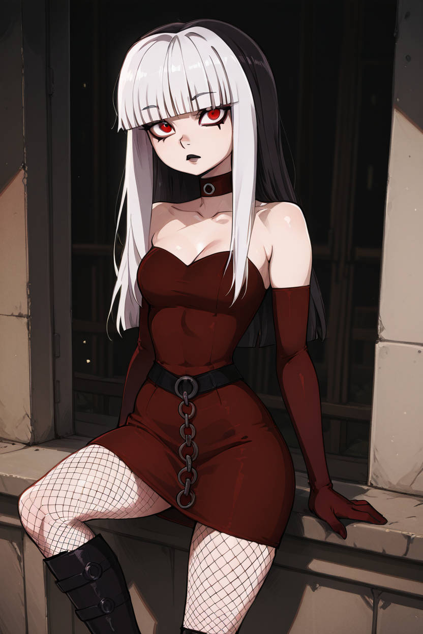 masterpiece, best quality, 1girl, solo, eyelashes, (beautiful eyes),   zzCrimson, goth, blunt bangs, long hair, red eyes, makeup, fishnets, knee boots, red dress, elbow gloves,   cowboy shot,   <lora:CrimsonTDI_IXL:1.0>,