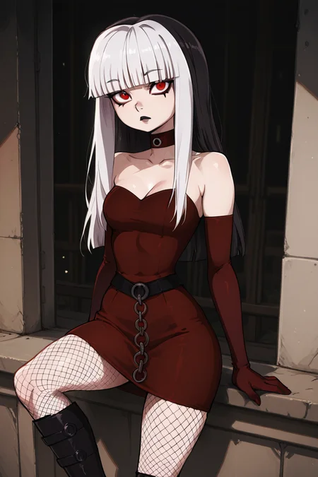 masterpiece, best quality, 1girl, solo, eyelashes, (beautiful eyes), zzCrimson, goth, blunt bangs, long hair, red eyes, makeup, fishnets, knee boots, red dress, elbow gloves, cowboy shot, <lora:CrimsonTDI_IXL:1.0>,
