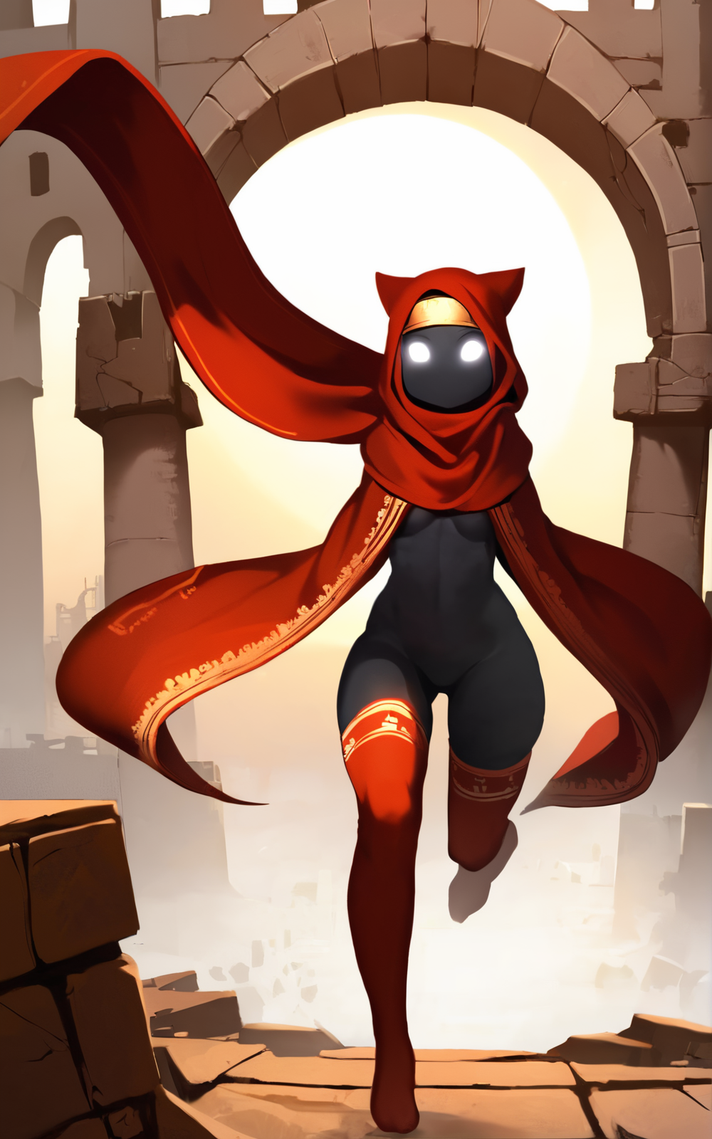 score_9, score_8_up, score_7_up,((best quality)), absurdres, <lora:3d-2d:0.8>, <lora:TravelerSDXL:0.8>,TravelerSDXL,hooded cloak,hood,hood up, white eyes,robe, black skin,blank eyes,red thighhighs,no mouth,tall,ofuda,((scarf)),featureless feet, dessert, ruins,sun,headband, golden headband,running, action pose