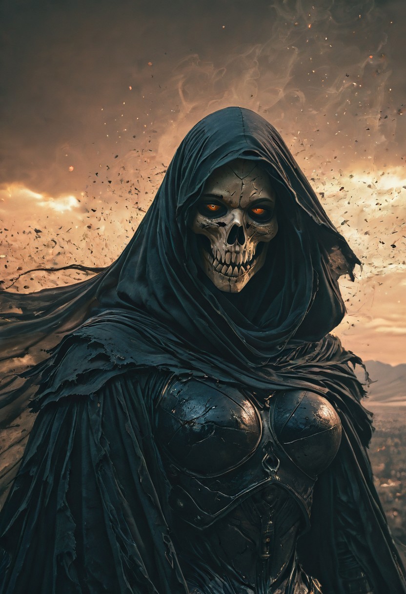 Portrait, Upper Body Closeup, Sundawn, Landscape, towering Knight, heavy armored,Fantasy, dmsty, looking at Viewer, masterpiece, best quality, good quality, newest, highres, absurdres, solo, pointy hood, dark atmospheric, detailed, intricate, Clouds, Busty, eerie grin, Ethereal, dmsty, shaded eyes, Skull, 1girl, masterpiece, best quality, good quality, newest, highres, absurdres, grim reaper, Angle, dutch Angle, Action Scene, hyperdetailed, billowing cape, intricate Torn Cape, Wind, particles, hood closeup, Ethereal Aura, Angle, Headshot, muscular, vibrant neon, painting, Parodie,