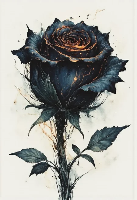 Masterpiece, best quality, still scene,The focus is on a abstract, modern style. burning black rose , black fire rose, minimal contrast, black and white ,
