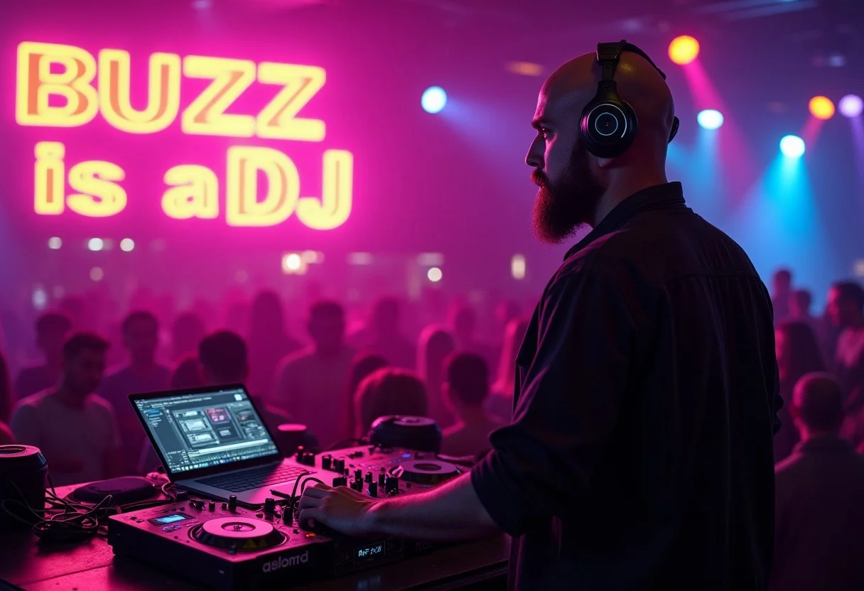 A bald man with a beard standing at a DJ set in a techno nightclub. He is focused on his equipment, wearing stylish DJ gear and headphones. Behind him, there are vibrant neon lights with the text 'BUZZ is a DJ' glowing in bold, electric colors. The atmosphere is energetic and vibrant, with colorful lighting reflecting off the dance floor and a crowd of people enjoying the music in the background