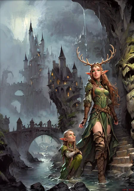 score_9,score_8_up, score_8,
underground city, cave, earth bridge, castle, towers, water dripping from stalactite,
1girl, elf, druid, long hair, brown hair, green eyes, pointy ears, elf, antlers, freckles, thighhighs, gloves, boots, fingerless gloves, thigh boots, brown footwear, green dress, parted lips, looking away,
<lora:Expressive_H:0.5> <lora:Dungeons_and_Dragons_Art_Style:1>