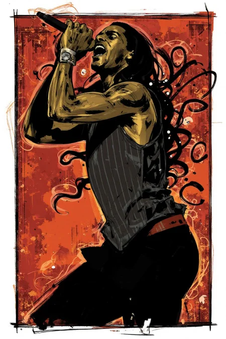 poster illustration.
An African American man with long black hair, wearing a sleeveless top with vertical stripes and a sleeveless vest. He is holding a microphone in one hand and singing. <lora:posterillustration_cap_d8a4e11:1.0><lora:846202767702797741:0>