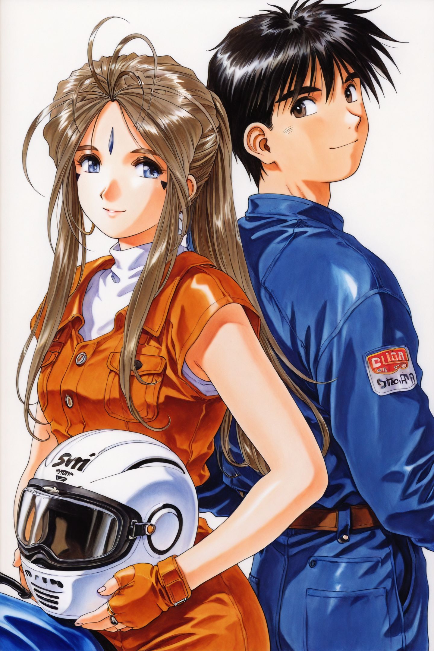 1girl,Belldandy,1boy,Morisato Keiichi,retro artstyle,long hair,blue eyes,brown hair,helmet,brown eyes,black hair,facial mark,ring,goggles,1990s \(style\),jewelry,motorcycle helmet,forehead mark,back-to-back,smile,traditional media,
<lora:Ah! My Goddess_illustriousXL:1.3>,