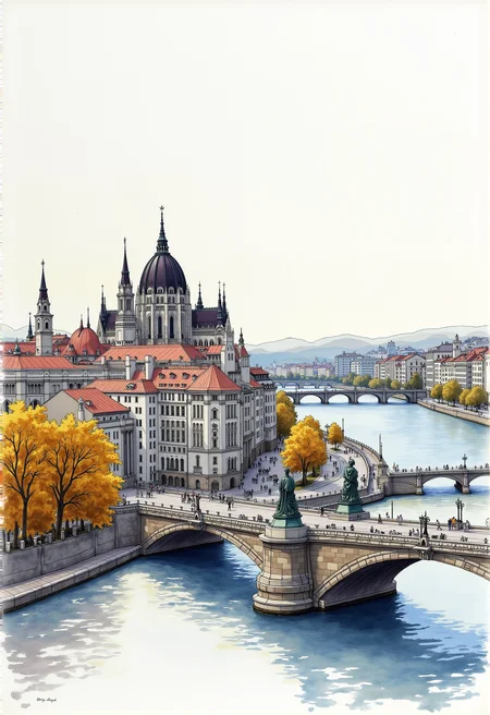Budapest, including the Banks of the Danube, the Buda Castle Quarter and Andrássy Avenue , fine black ink sketch + vivid glossy watercolor, high quality, professional,
award-winning, highly detailed, precise, accurate, (style of Aleksi Briclot:1.3)