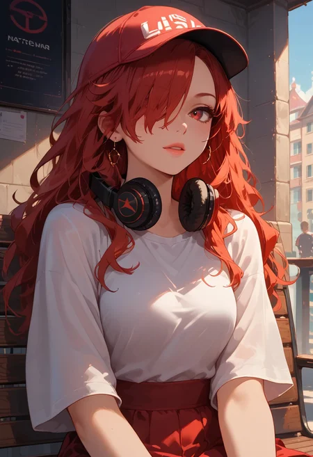 score_9, score_8_up, score_7_up, score_6_up,
girl, perfect face, headphones,cap,sitting a bench,training wear,(ultra detailed perfect piece:1.2), illustration, masterpiece, (extremely detailed CG 8k), (very fine 8K CG),(1girl:1.2), (red hair), middle hair, wavy hair, hair over one eye, sparkling, red eyes,