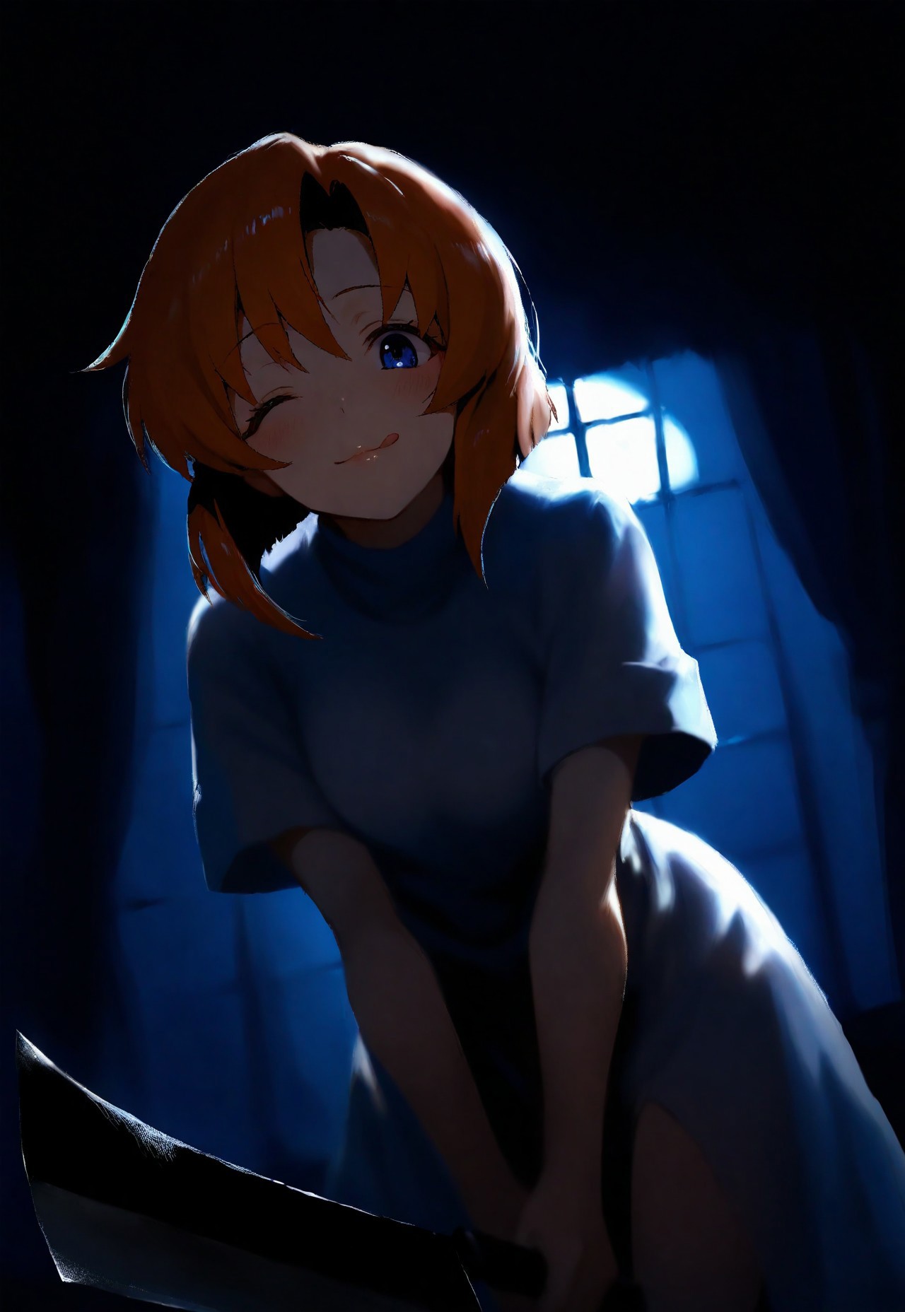 1girl, solo, ryuuguu rena, lips, looking at viewer, blush, wink, smile, (;q:0.8), holding weapon, nata \(tool\) hashitsuki nata, leaning forward, cowboy shot, from below,dutch angle, backlighting, dark, night, moonlight, indoors, curtains, window, masterpiece, best quality, very aesthetic, 