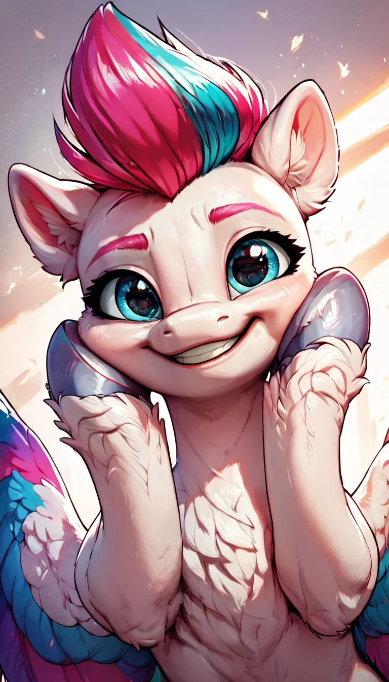 zPDXL, score_9, score_8_up, score_7_up, score_6_up, score_5_up, score_4_up, rating_safe, Zipp Storm, ((cute, little, fuzzy pony, fur)), (high quality, detailed, beautiful), shiny, adorable face, detailed beautiful eyes, diadema, sunlight, realistic, outstanding, countershading, detailed soft lighting, ear fluff, hoof on face, cinematic vintage photography, <lora:Glistering2:1>