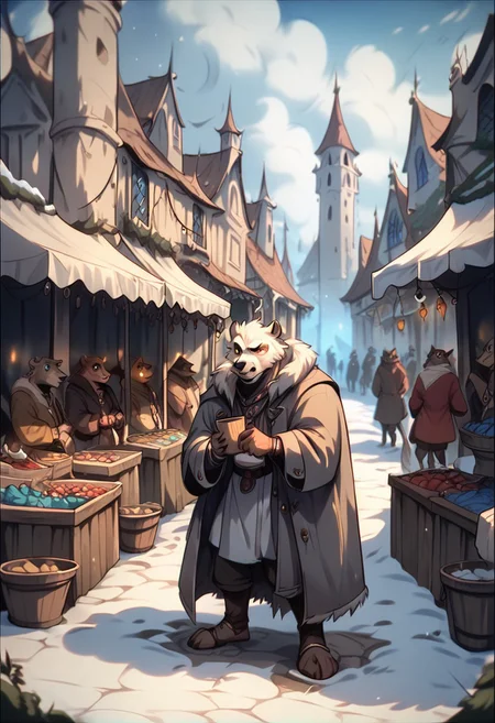score_9, score_8_up, score_7_up, perfecteyes, anthro bear, square, market, glowing, male 30-40 years old,winter, winter clothes,long coat, brutality, jewellery, fantasy,Vintage,