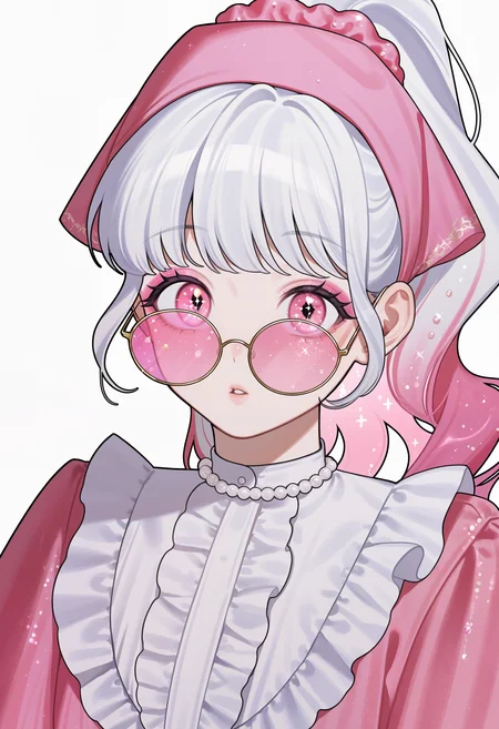 amazing quality, newest, absurdres, realistic lighting, white background, 1girl, solo, upped body, two-tone hair, colored inner hair, white hair, pink hair, hair scrunchie, high ponytail, tinted eyewear, pink eyeshadow, black eyeliner, pink eyes, pearl necklace, center frills, frilled shirt collar, parted lips, pink clothing, sparkling eyes, glitter, eye glitter, looking over eyewear, head scarf, <lora:nanako-san>