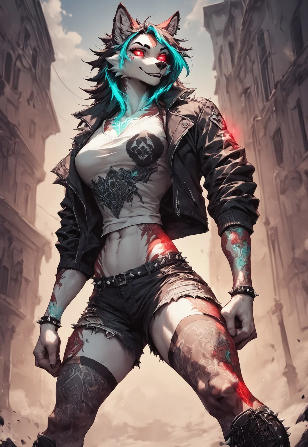 safe_pos, score_9, score_8_up, score_7_up, score_6_up, score_5_up, score_4_up, source_furry, Luna lynn, teal highlighted hair, white fur, glowing red fur tattoos, jacket, sexy attire, red glowing eyes, happy, in a house, 3rd eye, lace stockings rose pattern, tattered shorts knee high combat boots, spikes, black netted top, black earrings,