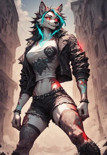 safe_pos, score_9, score_8_up, score_7_up, score_6_up, score_5_up, score_4_up, source_furry, Luna lynn, teal highlighted hair, white fur, glowing red fur tattoos, jacket, sexy attire, red glowing eyes, happy, in a house, 3rd eye, lace stockings rose pattern, tattered shorts knee high combat boots, spikes, black netted top, black earrings,