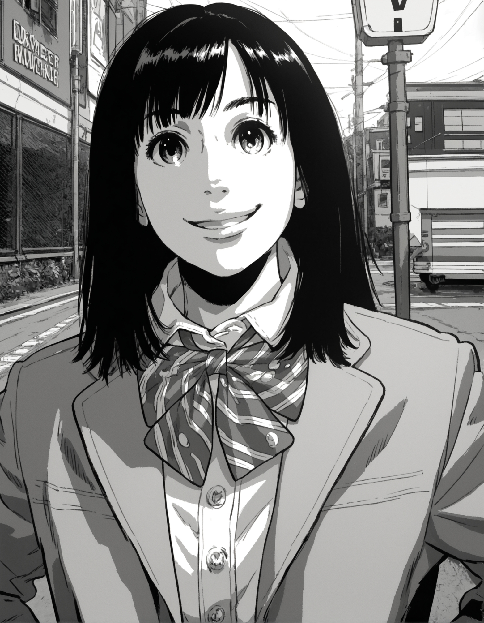 score_9, score_8_up, score_7_up,score_6_up,close-up,high resolution,mtskyamd,monochrome,greyscale,1girl, black hair,long hair,bangs,smile,school uniform,jacket,bowtie,volumetric lighting,rim lighting,dof,dramatic shadow,looking at viewer,standing,in street,hand on hips, j0j0styl3
