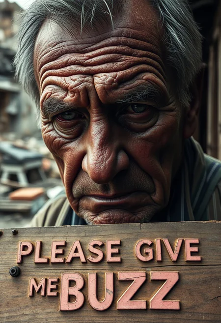 “A middle-aged man with deeply wrinkled, weathered skin is captured in a close-up using a 50mm Panavision Prime lens, revealing every intricate detail of his face. Dramatic lighting casts heavy shadows, highlighting the sorrow and exhaustion etched into his features. His eyes, full of suffering, speak to years of hardship. In the background, softly blurred, a decaying slum looms with crumbling walls and debris. At the lower part of the image, a cracked wooden panel with rusted nails holds bold, capital letters carved into the wood, reading ‘PLEASE GIVE ME BUZZ.’ The text, in a pastel color, blends with the wood grain, intensifying the gritty, distressed atmosphere, adding an ironic contrast to the somber mood.”