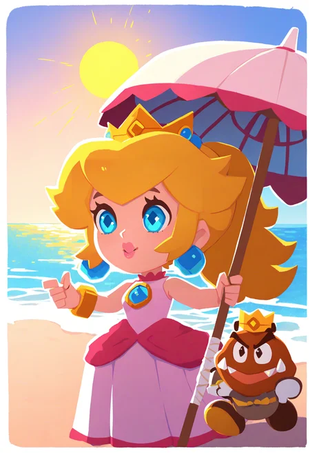 masterpiece, best quality, newest, absurdres, highres, 1girl, <lora:PrincessPeach_NoobAI_Incrs_v1-000012:1>, IncrsPchSunshine, long hair, ponytail, pink dress, bracelet, parasol, sleeveless dress, brooch, bare shoulders, pink lips, crown, jewelry, earrings, <lora:style_onmyoji_illustriousXL-GLoRA:1> onmyojistyle, chibi, white border, diamond-shaped pupils, beach, oil-paper umbrella, holding, sun, blue eyes, ocean, happy, goomba,