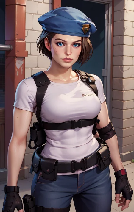 score_9, score_8_up, score_7_up, BREAK <lora:jillSDXL:1> jillvalentineSDXL, 1girl, solo, looking at viewer, short hair, blue eyes, chestnut hair, shirt, gloves, hat, standing, white shirt,short sleeves, black gloves, belt, pants, realistic, fingerless gloves, lips, beret, denim, white t-shirt, ,blue headwear, pouch, jeans, nose, blue pants, holster, harness, walkie-talkie, jill valentine
