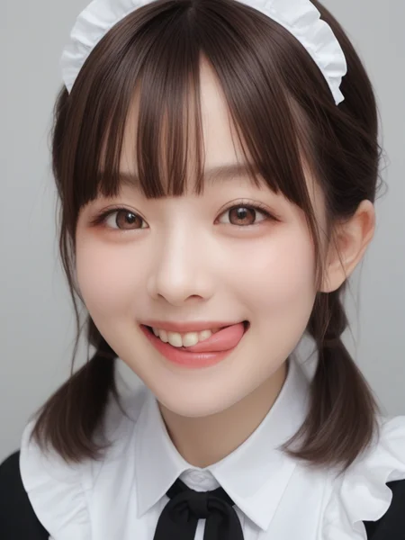 score_9, score_8_up, score_7_up, high quality, masterpiece,
Hight detail RAW color photo, professional photograph,
Cinematic Light, (Composition from the chest up),
japanese girl with Pigtails hair, cute idol, Brown eyes, evil grin,
She is wearing a maid outfit with frills,
side tongue,peromilk <lora:peromilk:0.7>